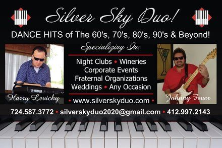 Silver Sky Duo dance hits promotional flyer with piano keyboard